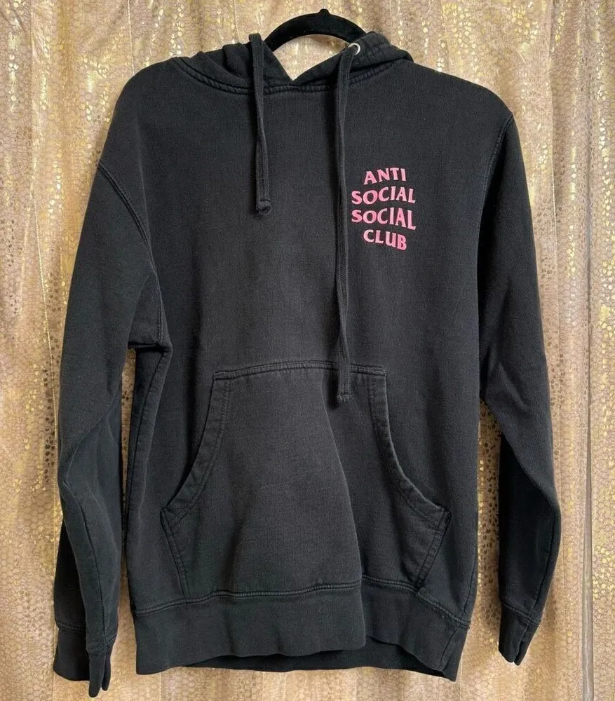 Unisex Anti Social Social Club Black Hot Pink Logo Pullover Hoodie Small - Image 1