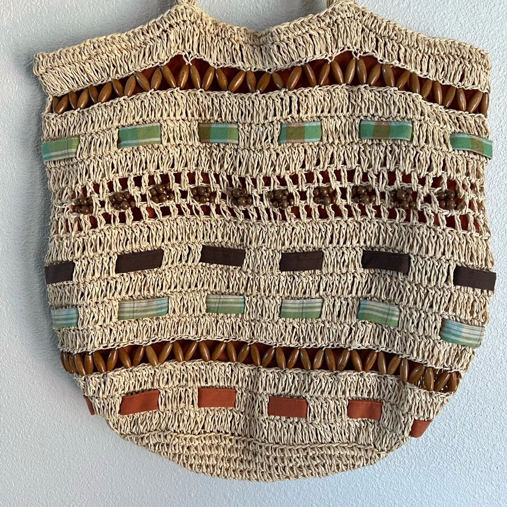 Vintage Capelli Straw Tote Bag Fish Beachy Coastal Ocean Vacation Boho Knit Tan - Image 2