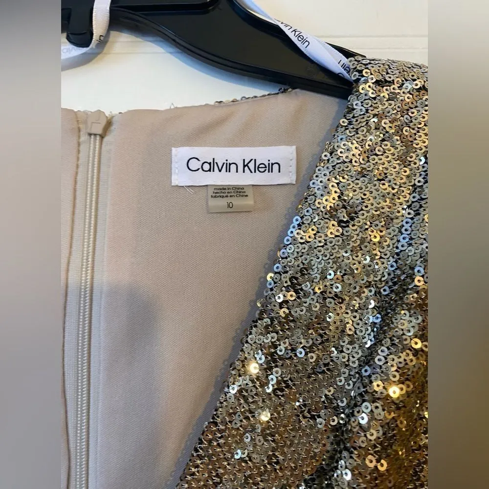 Calvin Klein Sequin Faux Wrap V Neck Knee Length Dress - Image 3