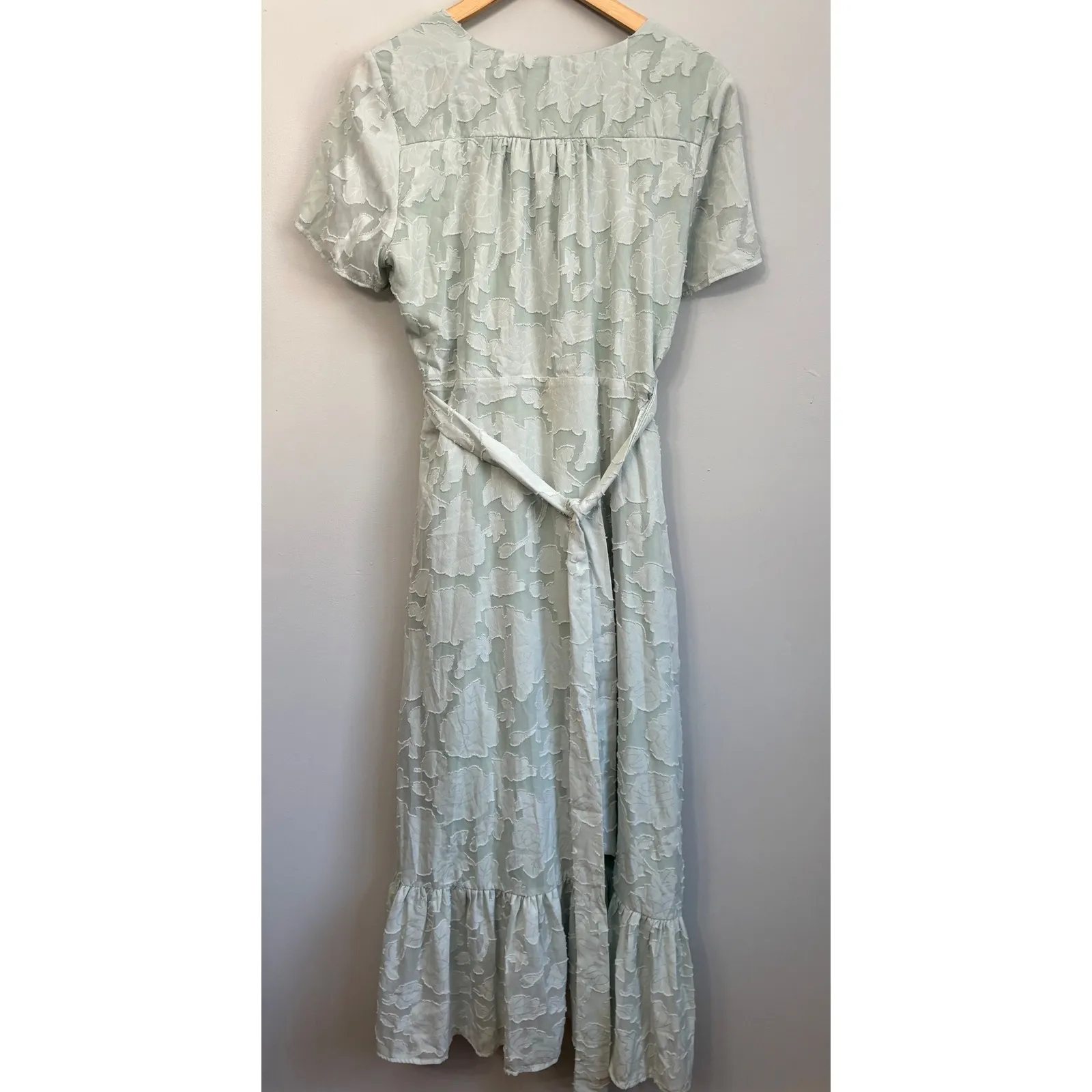 Lulus Midi Wrap Dress XL Sage Green Textured Floral Short Sleeve Fairy Frill - Image 6