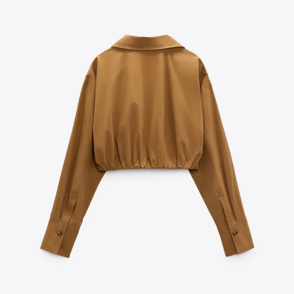 Zara Women Brown Long Sleeves‎ Poplin Collared Pleated Casual Cotton Shirt Sz L - Image 4