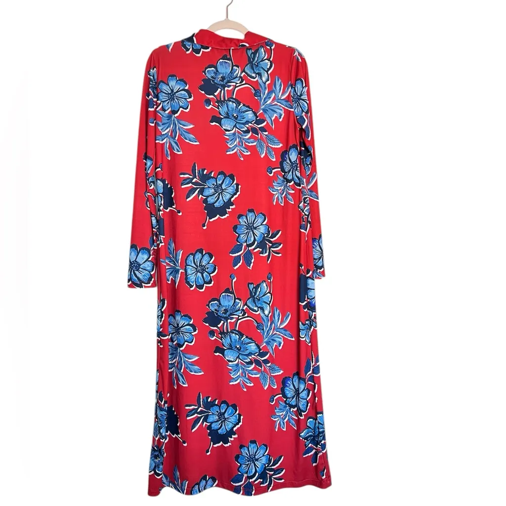 Zara Red Floral Button Front Long Sleeves Midi Dress Medium‎ - Image 4