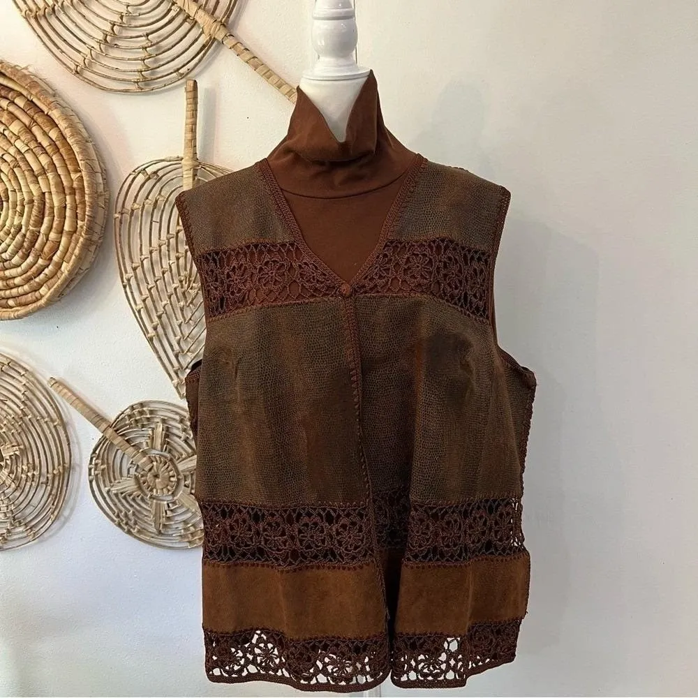 Vintage Denim & Co Leather Vest & Turtleneck Top Western Boho Brown Outfit 3X Size undefined - Image 2