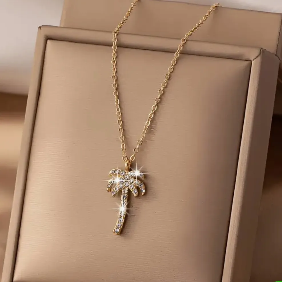 None NEW Palm Tree rhinestone Necklace silver tone - Image 3