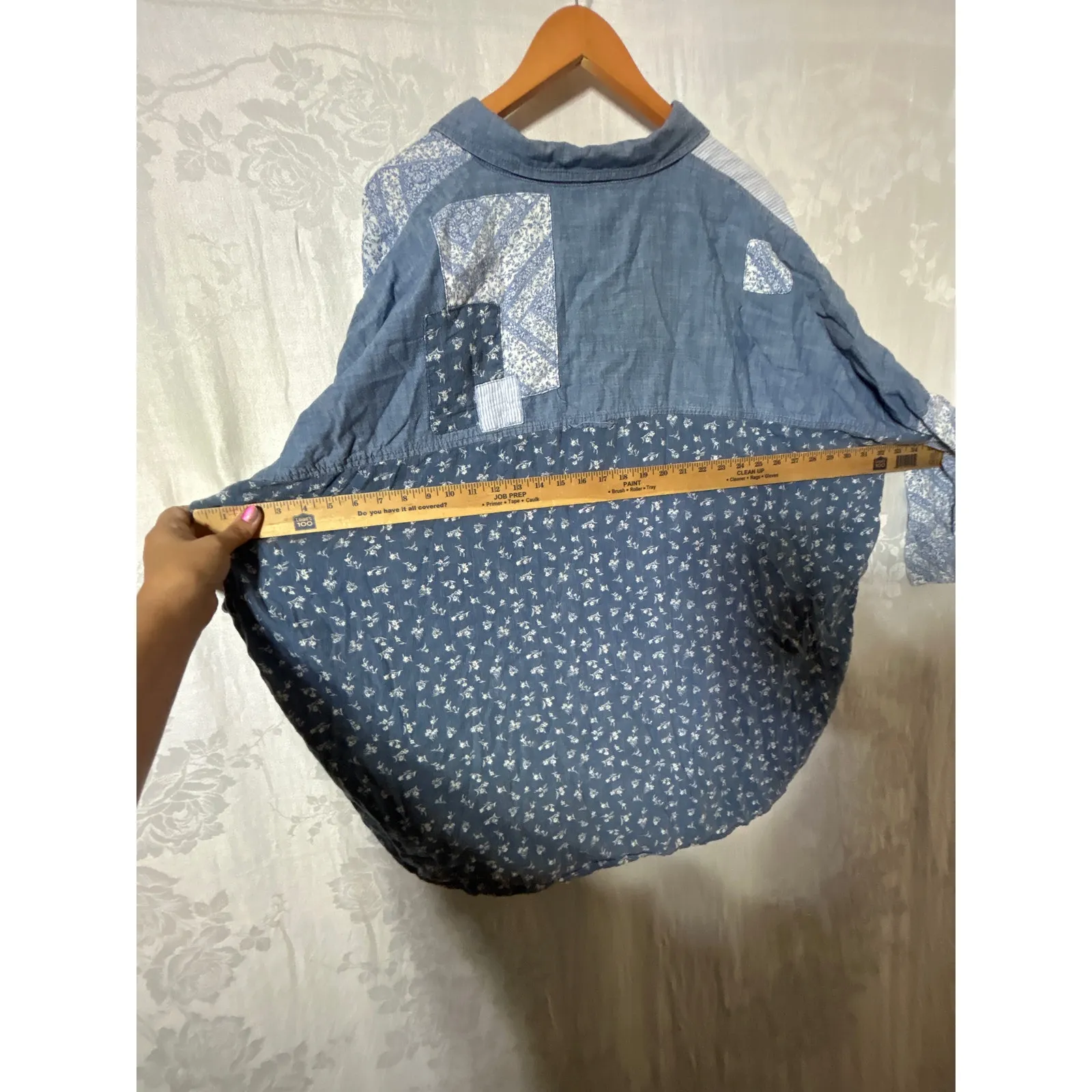 American Eagle Button Up Large Denim Look Floral Patchwork Cotton Linen - Image 9