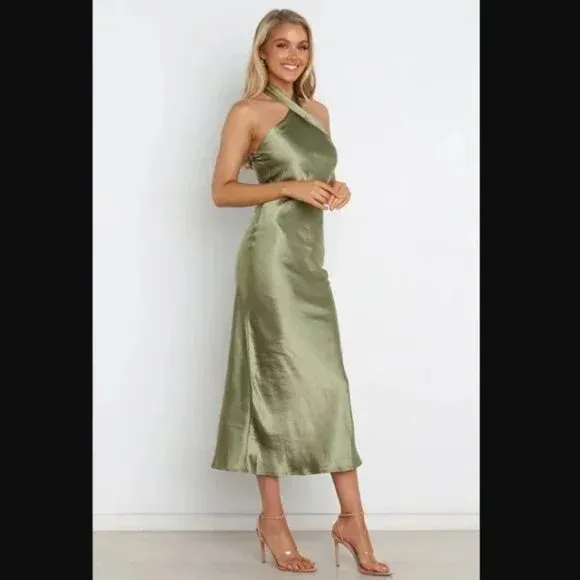 Petal & Pup Grasie Olive Green Satin Halter Maxi Dress 2 - Image 6