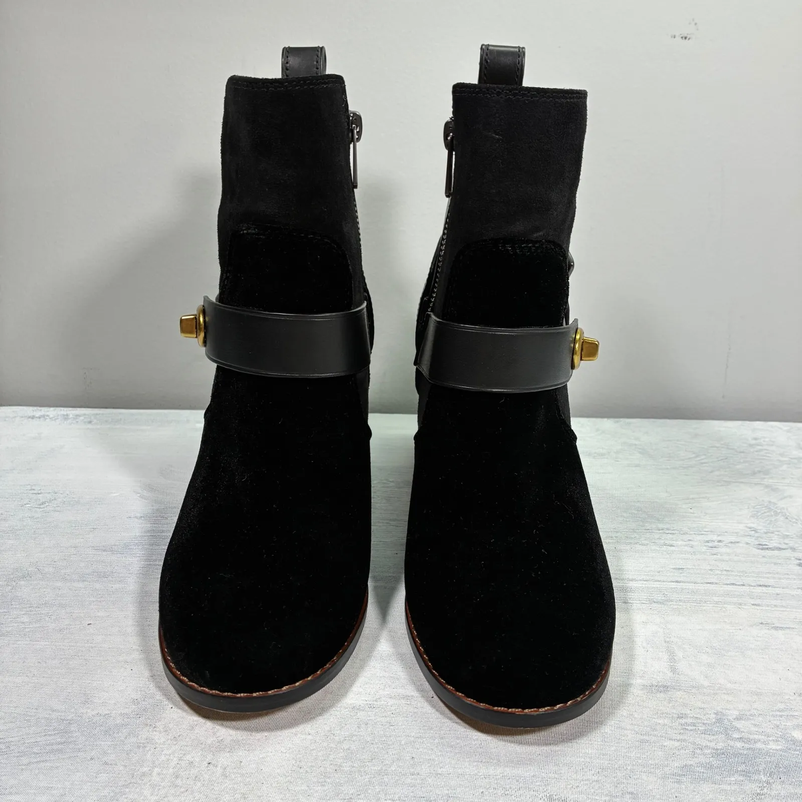 EUC Coach Moto Bootie Tea Rose Block Heel Black Leather Suede Women's 5 - Image 2