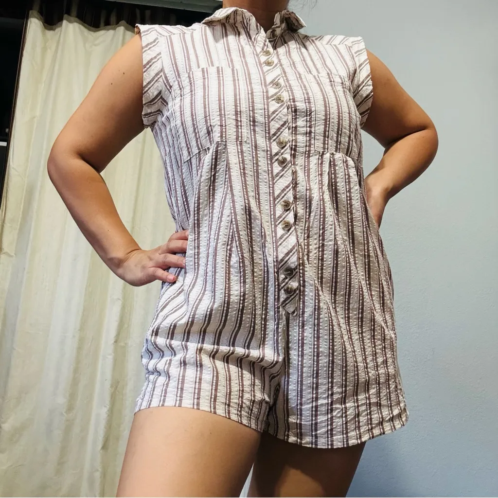 Urban Outfitters Women Romper Boho Brown Stripe Zoey Workwear City Size S Pocket - Image 2