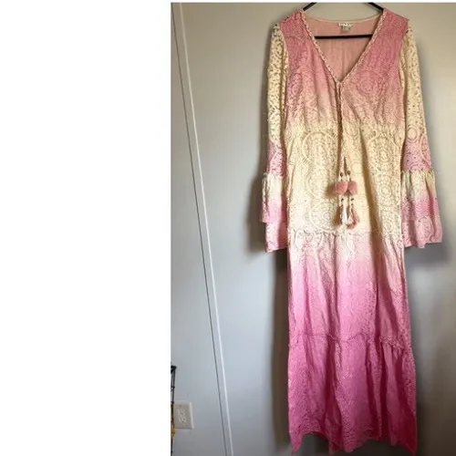 Venus Womens Long Crochet Embroidered‎ Pink White Floral Ombre Maxi Dress sz M - Image 3