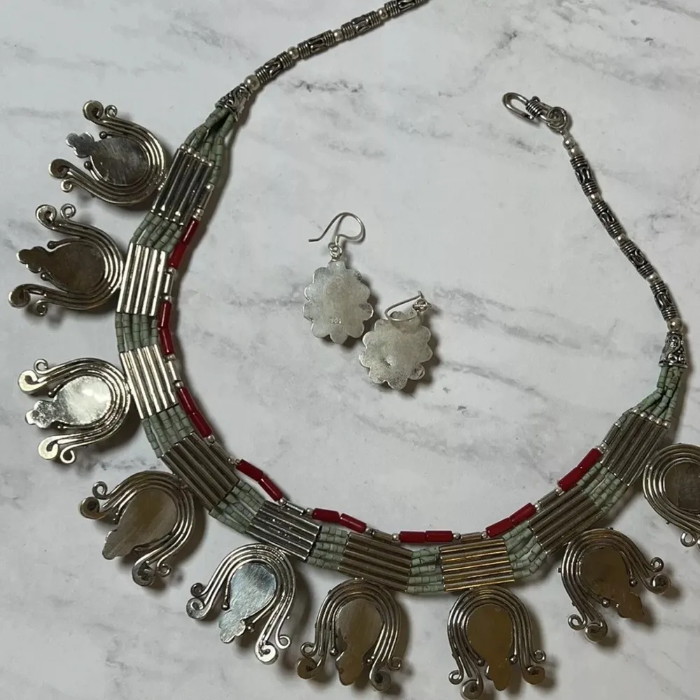 Vintage Turquoise & Coral Sterling Silver Necklace & Earrings Beaded Native - Image 10
