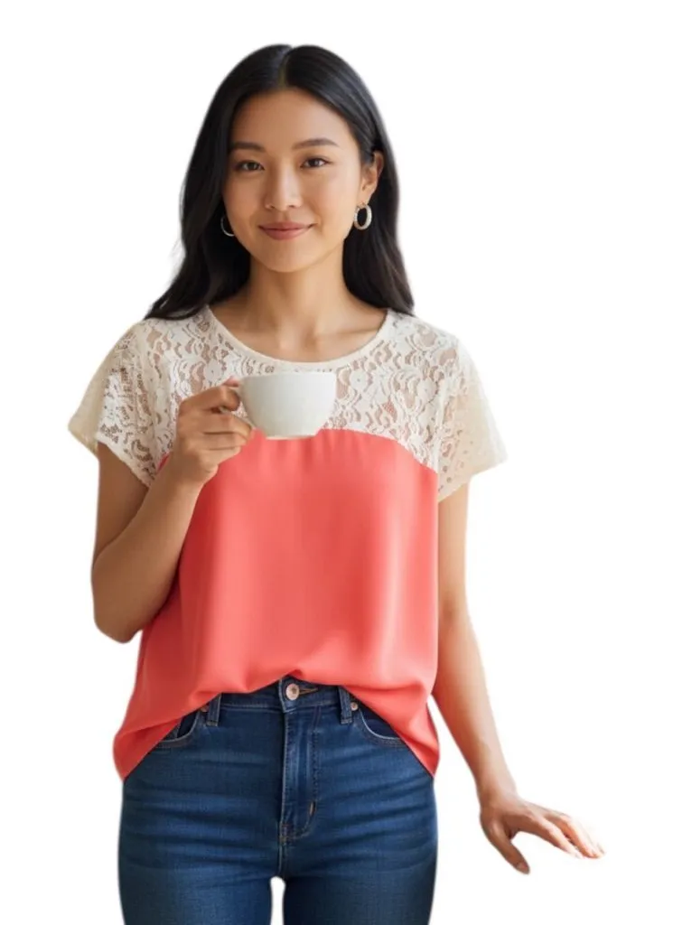 ANTHRO MAEVE PENUMBRA CORAL CREAM LACE SHORT SLEEVE ROUND NECK PULLOVER TOP M - Image 2