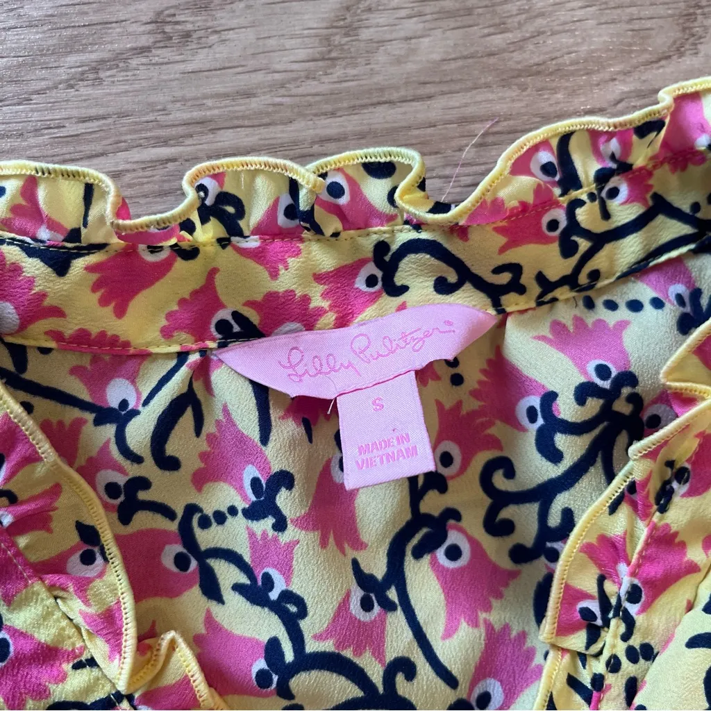 Lilly Pulitzer Allison Yellow Pink Ruffle Top Sleeveless Floral Size S - Image 2