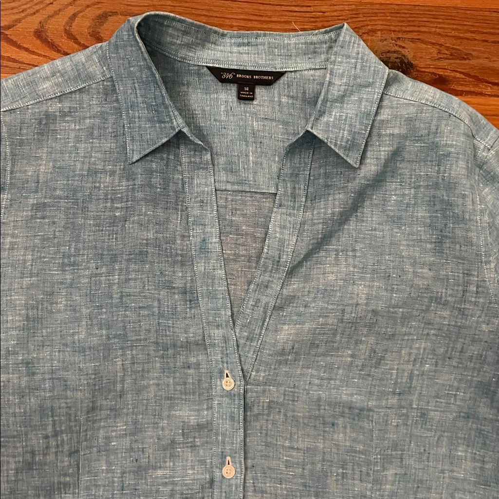 Brooks Brothers 346 Blue Linen Button Up Blouse Womens Size 14 Preppy - Image 5