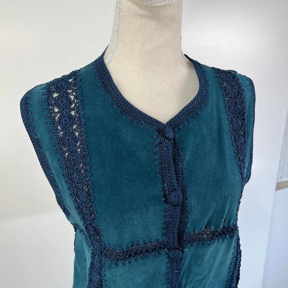 Vintage Crochet Leather Patchwork Vest Scully's Teal Waistcoat Boho Blue Size L - Image 2