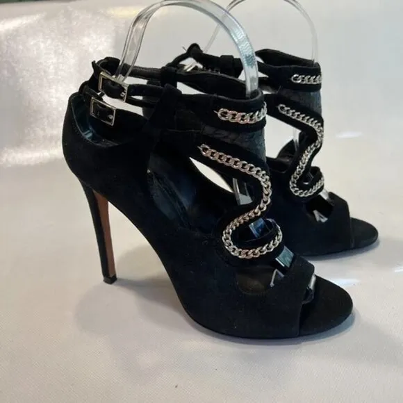 Brian Atwood Black Suede High Heel SZ 6‎ Silver Chain Detail Evening Party Shoes - Image 4