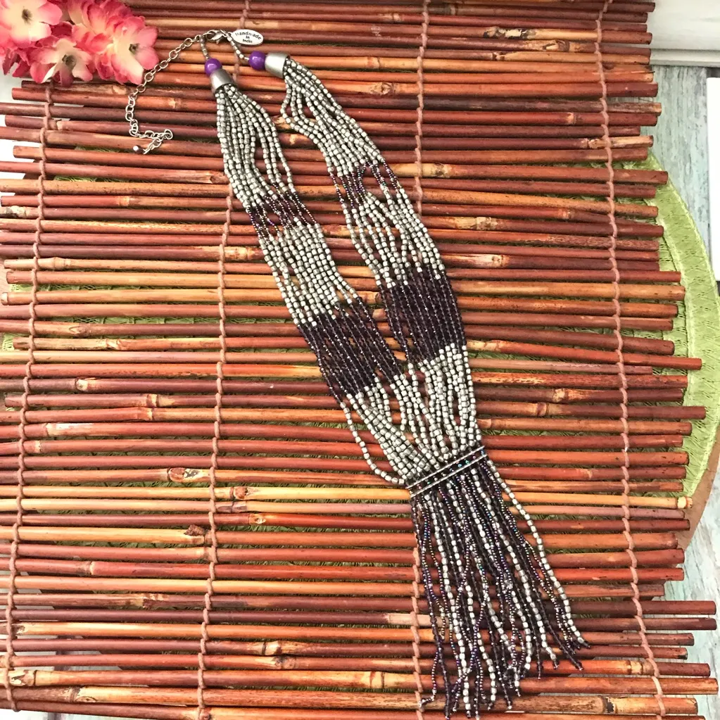 Himalayan Gems Necklace Beaded Fringe Gray - Image 4