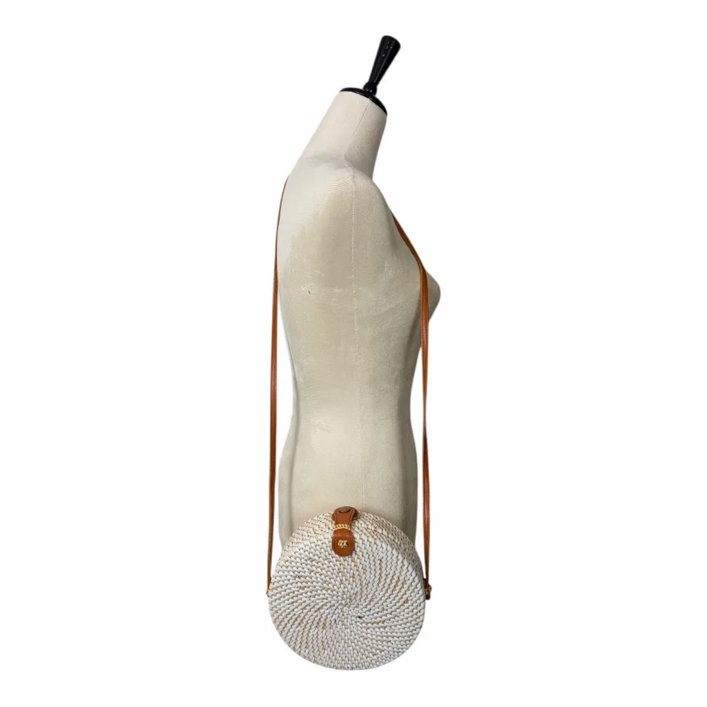 Boho Beach Cottagecore White Natural Rattan Woven Round Crossbody Bag One Size - Image 2