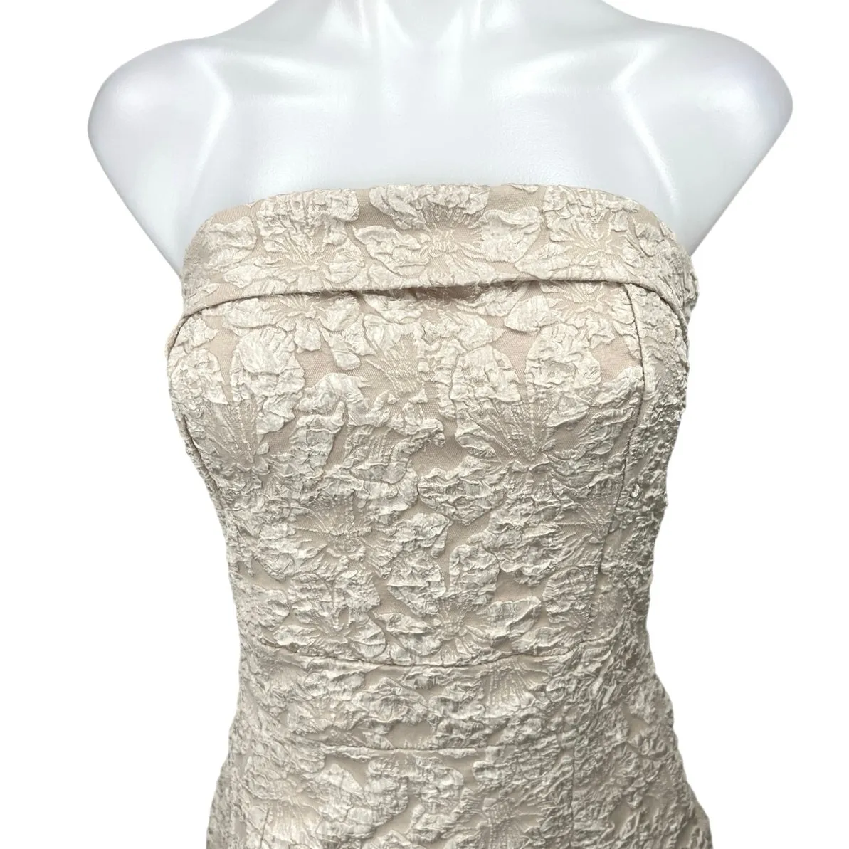 Shein Beige Floral Textured Strapless Cutout Smocked Mini Formal Tube Dress M - Image 3