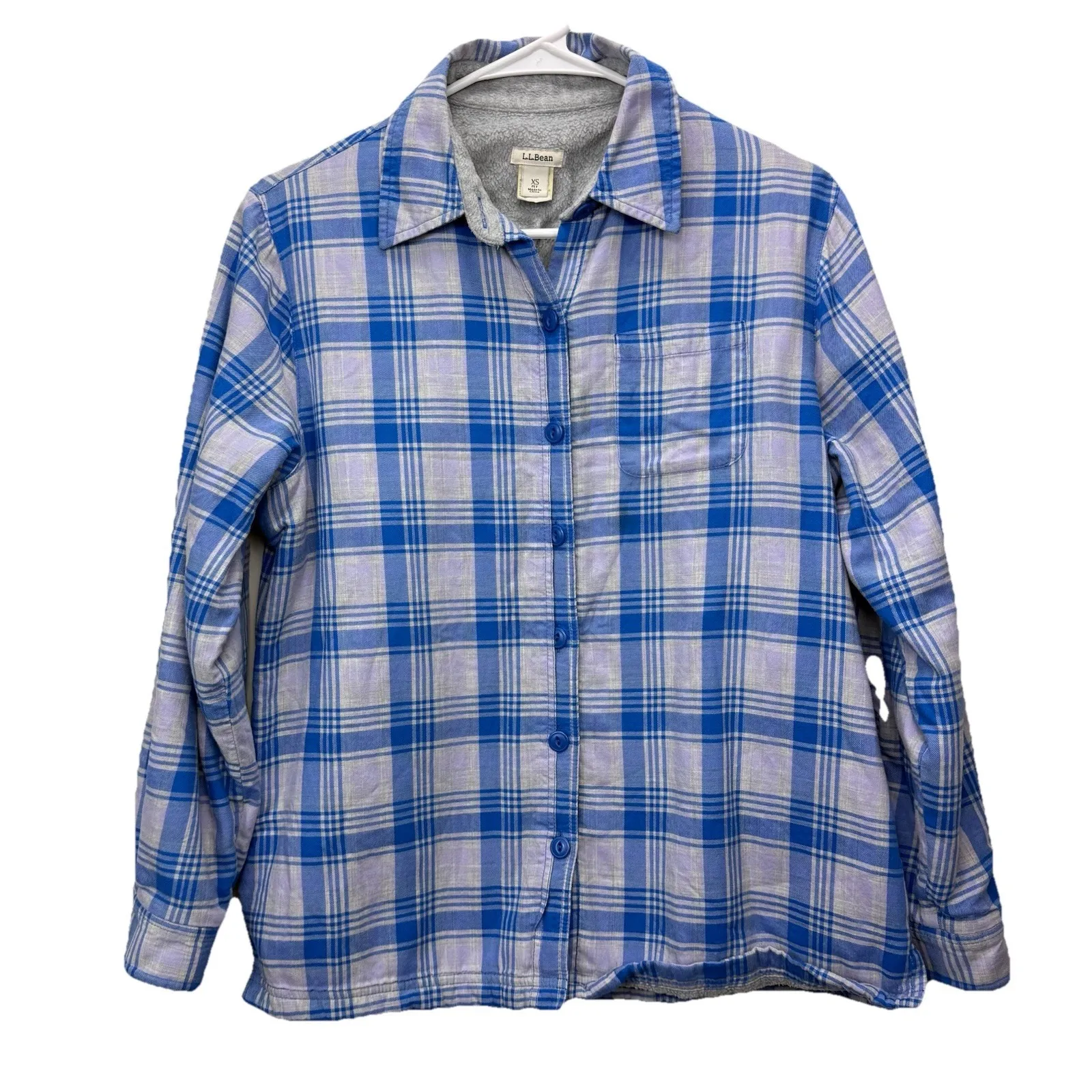 LL Bean Fleece Lined Flannel Blue Plaid Shirt Jacket Shacket Size XS PETITE - Image 2