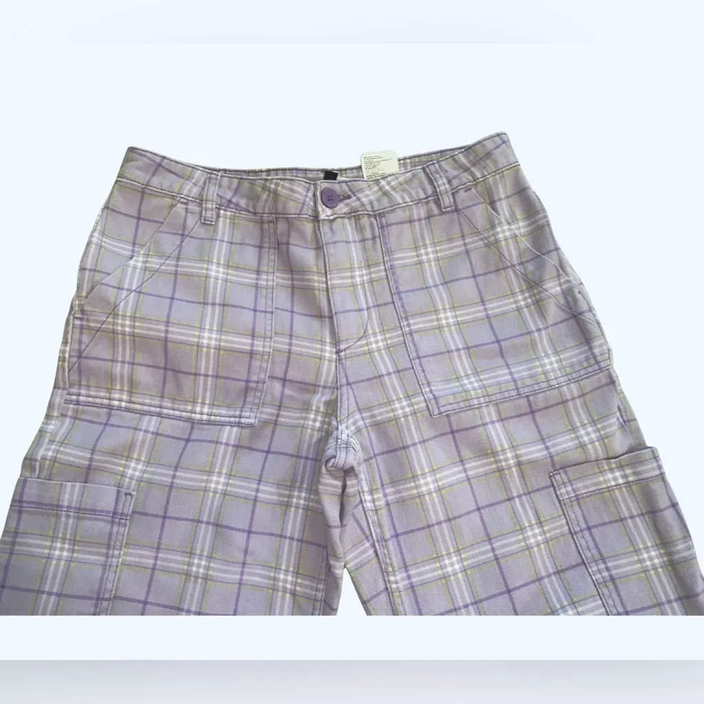 H&M Divided Purple Plaid Cargo Cotton Pants, Size 8 : Straight/wide legs - Image 4
