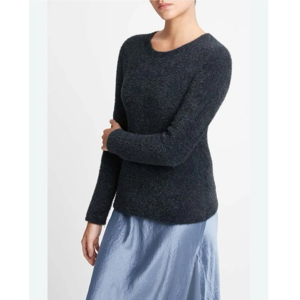 NEW Vince Metallic Lurex Soft Eyelash Pullover Obsidian Black Sweater - Image 2