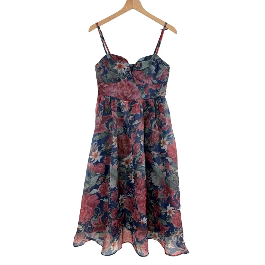 Lulus Cherished Aura Floral Organza Bustier Midi Dress Navy Blue Size M NWT - Image 2