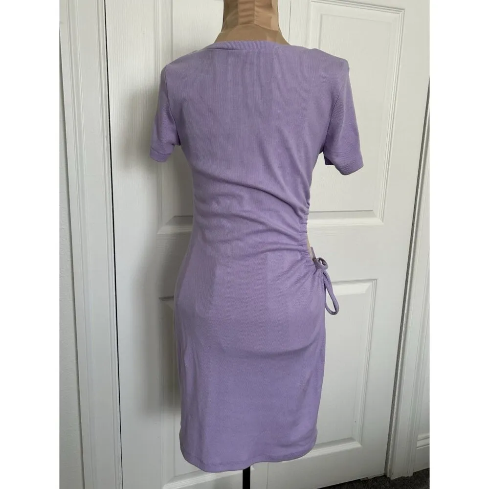 SHEIN Ribbed Crew Neck Short Sleeve Open Side Bodycon Fitted Purple Dress Sz M - Image 2