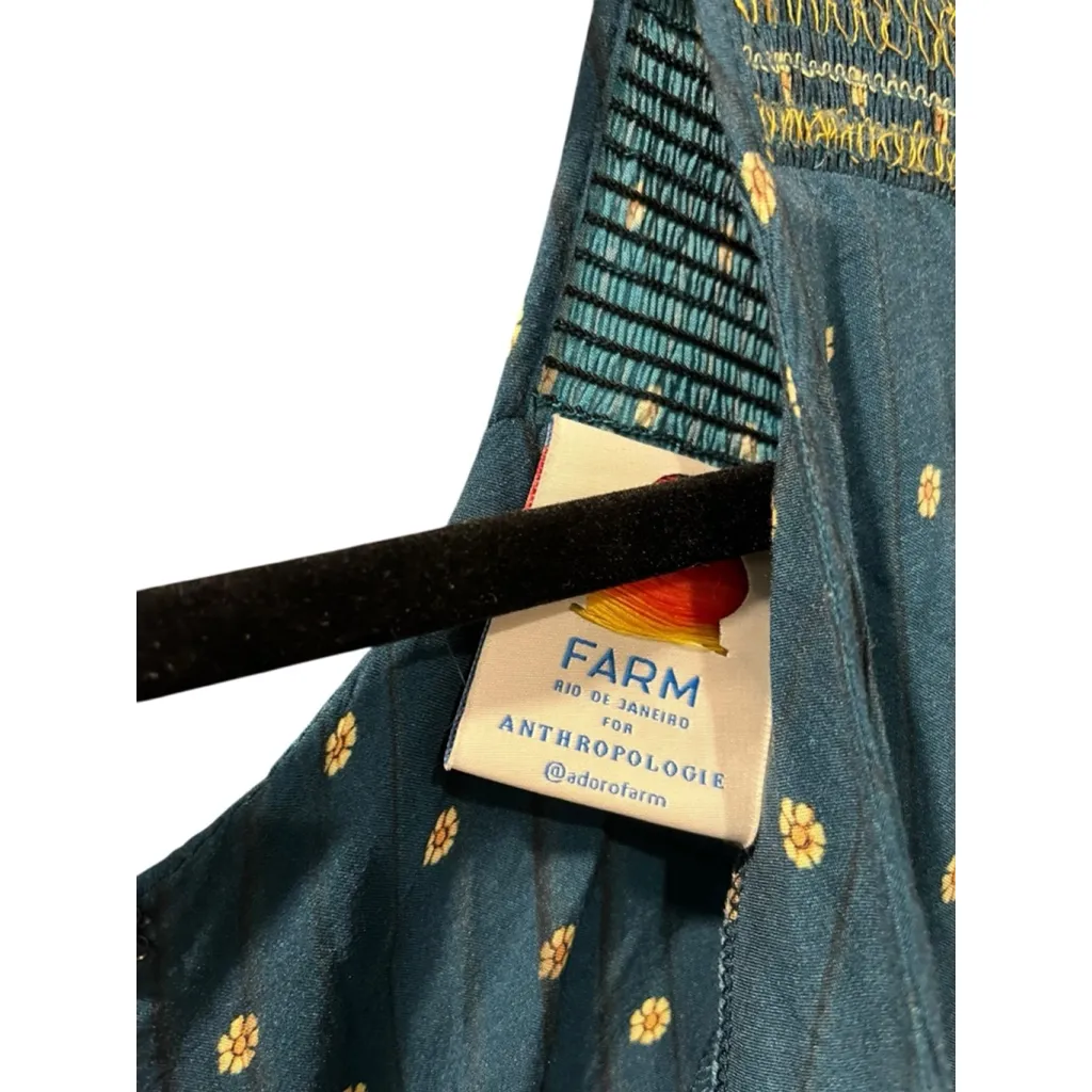 Farm Rio Anthropologie Rosewood Floral Jumpsuit Size XL Short Sleeve Tassels Blue - Image 6