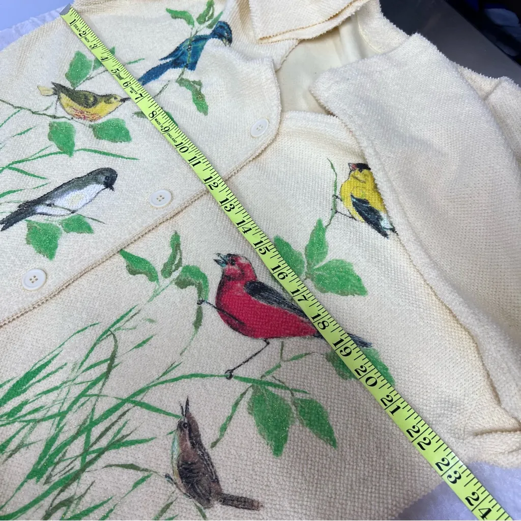 Vintage AU Women's yellow terry cloth cardigan Sweater Bird Art Applique Print Green Size L - Image 4