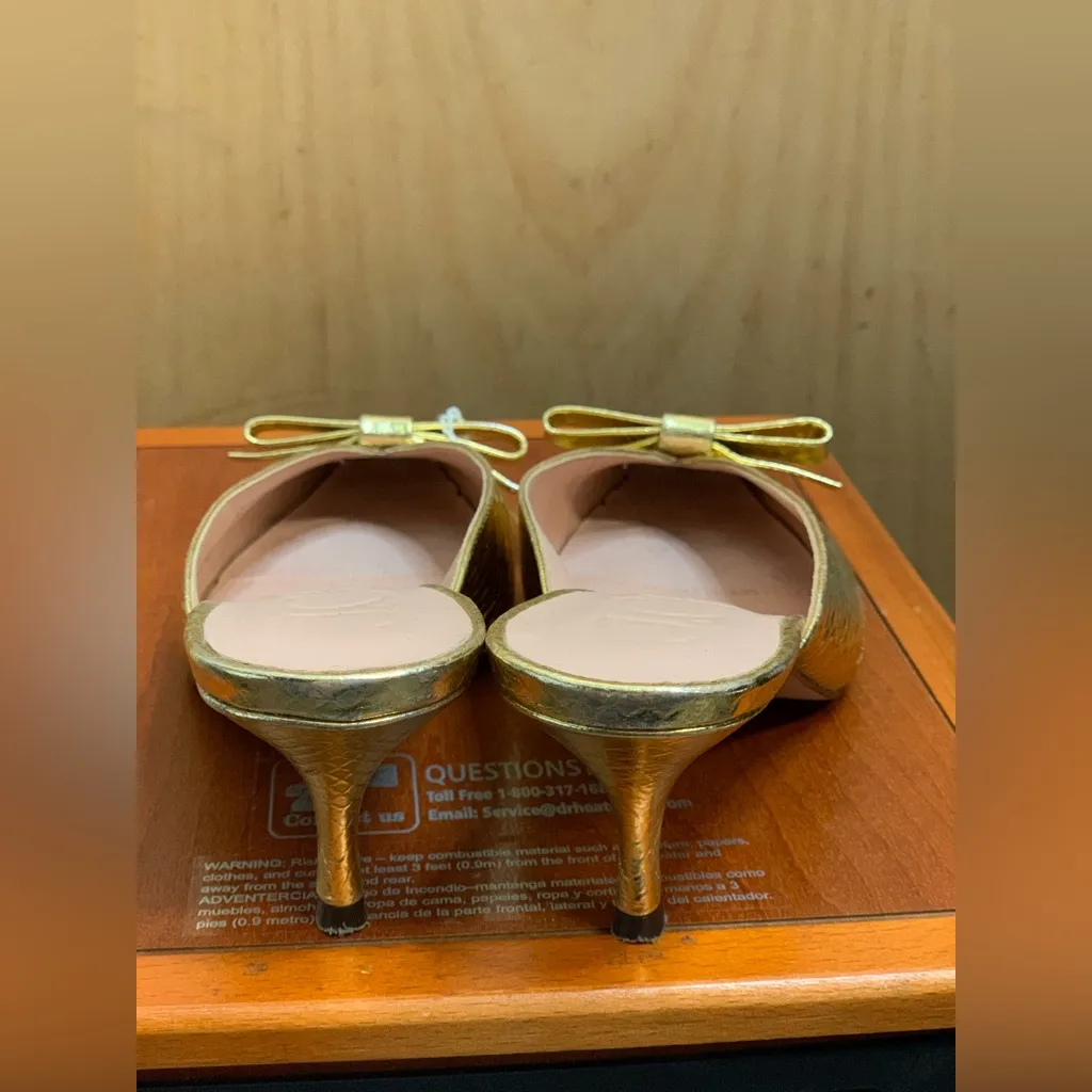 J Crew Leona Mule Heels In Metallic Snake Italian Leather Gold Bow Size-7.5 - Image 4