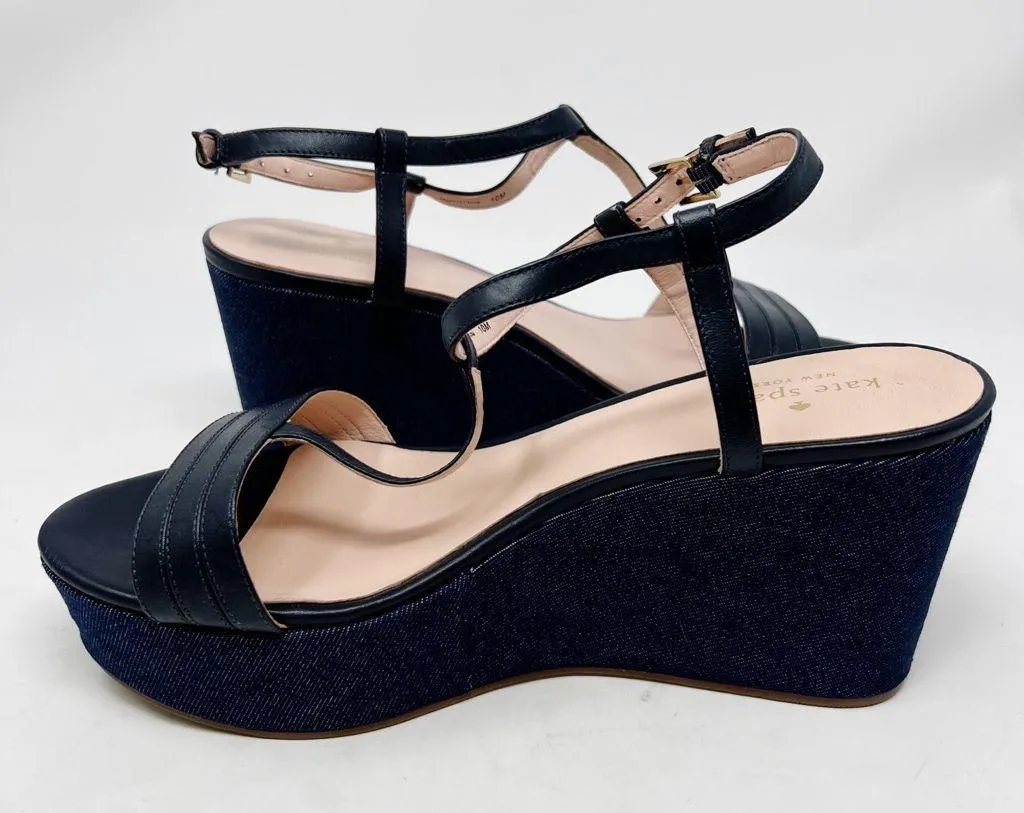 Kate Spade Tallin Vacchetta Platform Wedge Sandals Size 10 Navy Black - Image 9