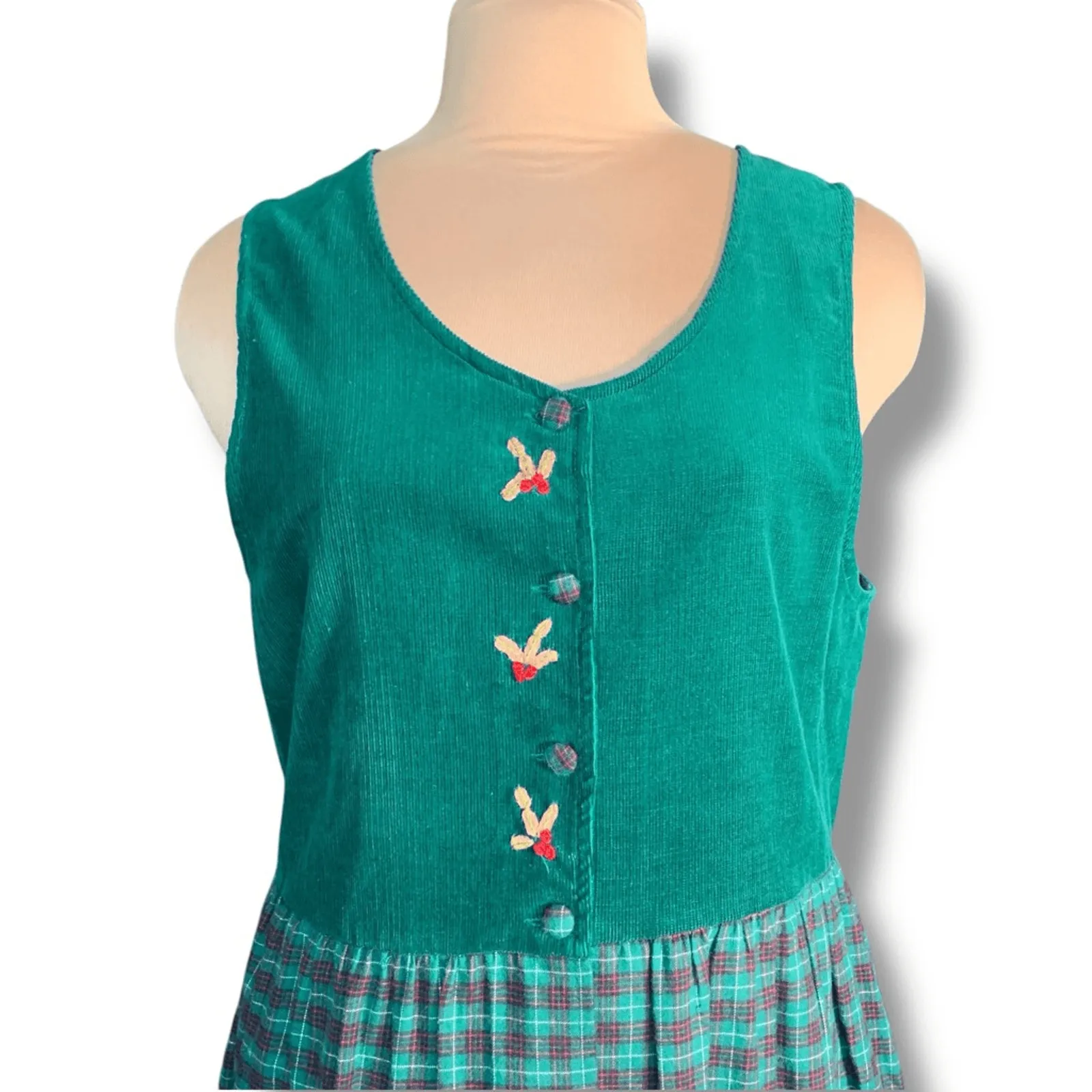 Vintage 80s Susan Bristol Green Plaid Corduroy Jumper Dress Festive Embroidery - Image 9