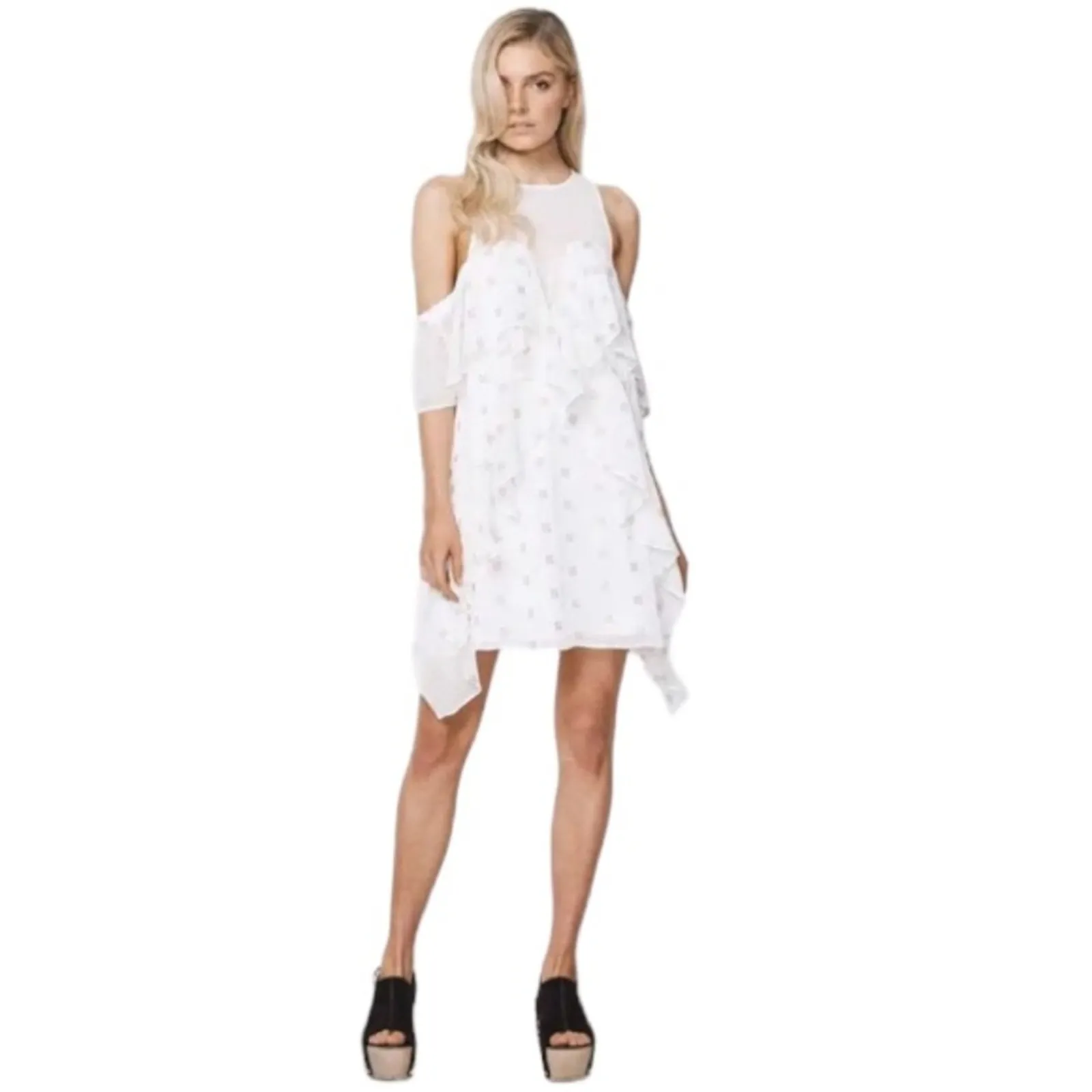 Stevie May Cosmic Currents Gold Embroidered Mini Dress Cold Shoulder Medium White - Image 15