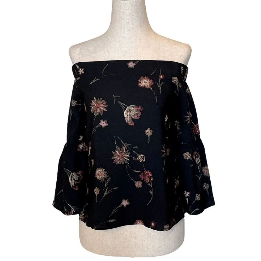 Lost + Wander Black Fleur Floral Off The Shoulder Bell Sleeve Top Size S - Image 5
