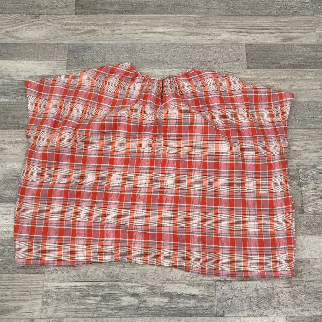 Madewell Orange Pink Plaid Shirred Neck Boxy Top Short Sleeve R17 - Image 6