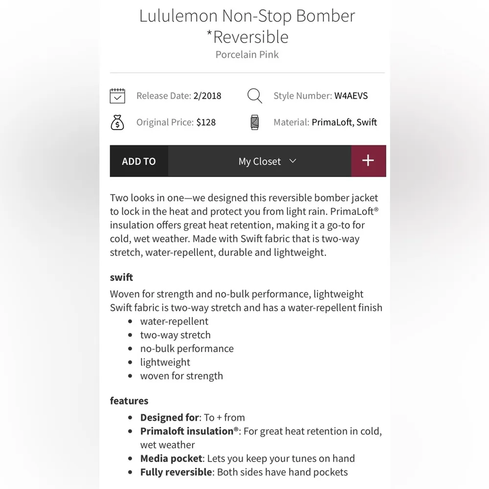 Lululemon Non-Stop Bomber Reversible Porcelain Pink Water Repellent Size 4 - Image 3