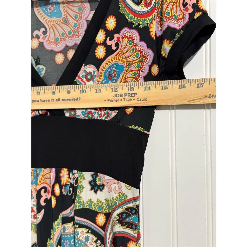VTG Y2K Lipstick Paisley Mini Dress Empire Waist Stretch Cap Sleeve Black Size M Blue Size M - Image 3