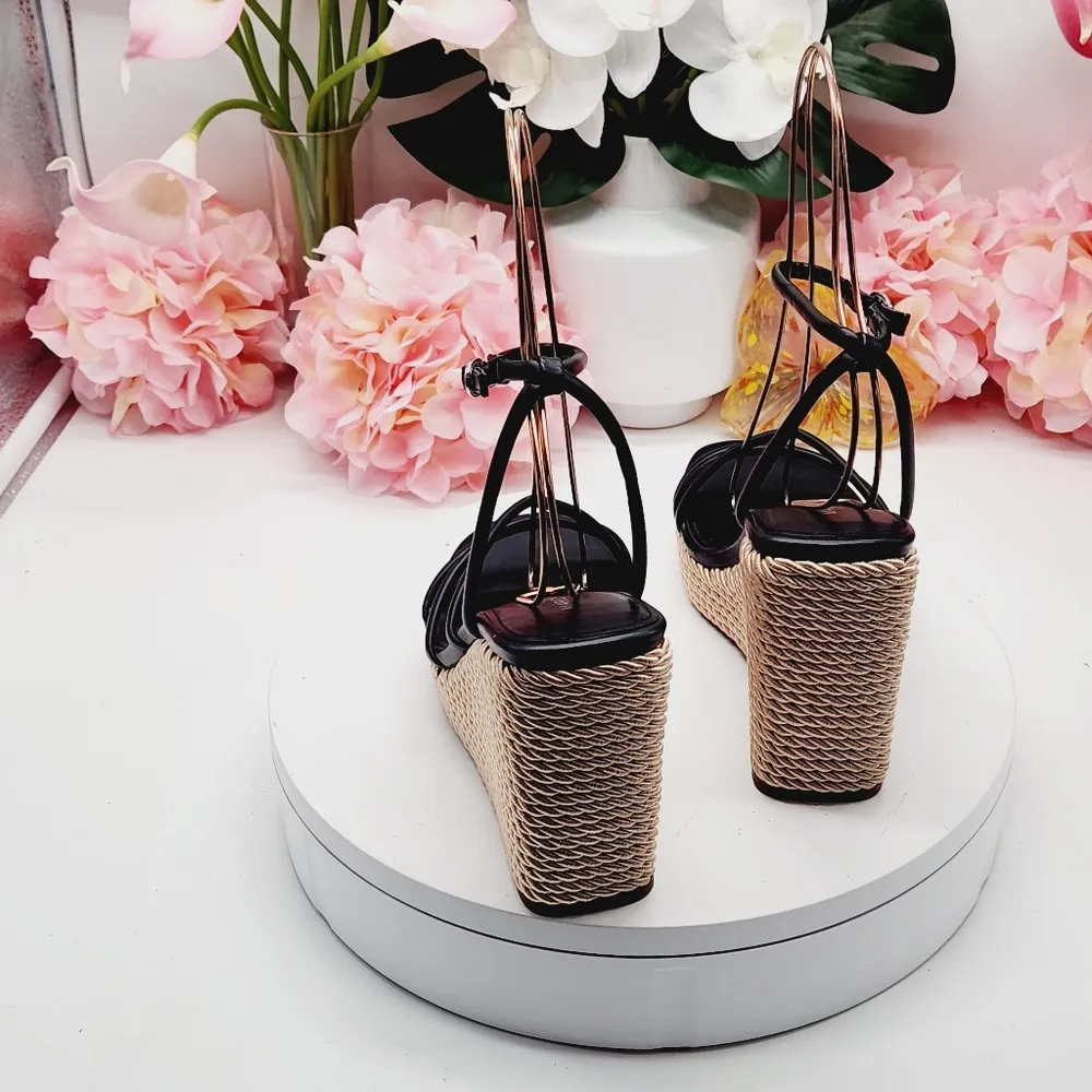 Marc Fisher Black Women’s Strappy Espadrille Wedges Size 7M - Image 5