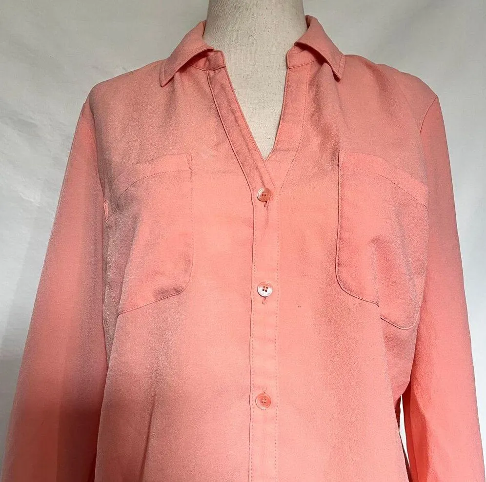 Talbot's Button Front Roll Tab Sleeve Womens Shirt Top Size Medium Peach V-Neck - Image 12