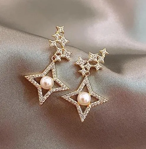 Crystal Pearl Beaded Stud Drop Earring Gold - Image 3