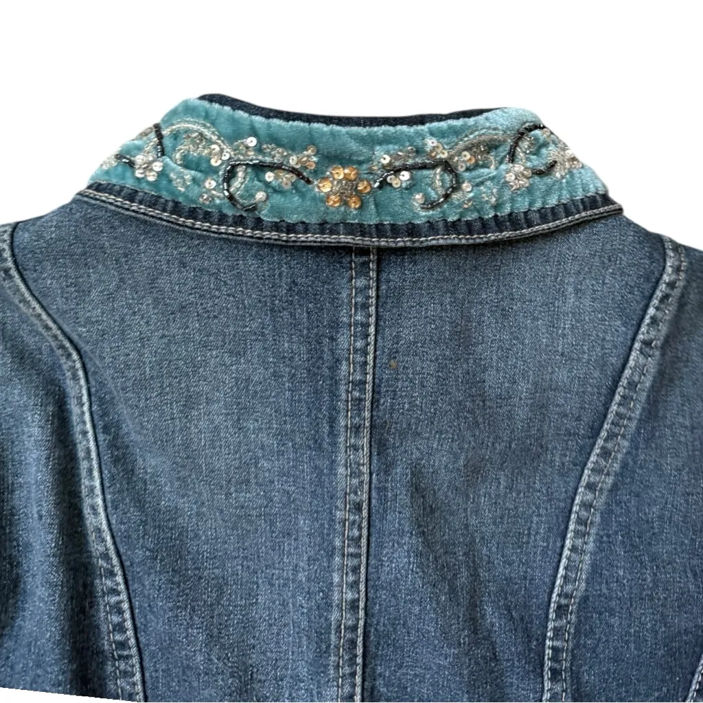 Vintage Y2K Coldwater Creek Embellished Denim Medium Beaded Collar Jean Jacket - Image 5