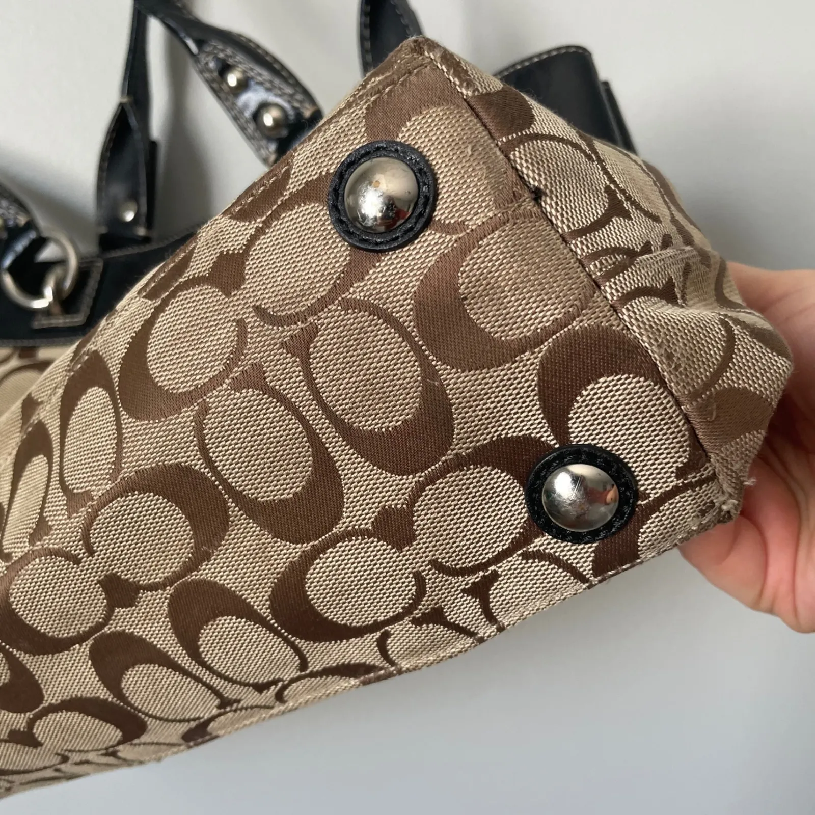 y2k Coach Penelope Signature Canvas Leather Trim Tote Shoulder Bag Brown Black - Image 8