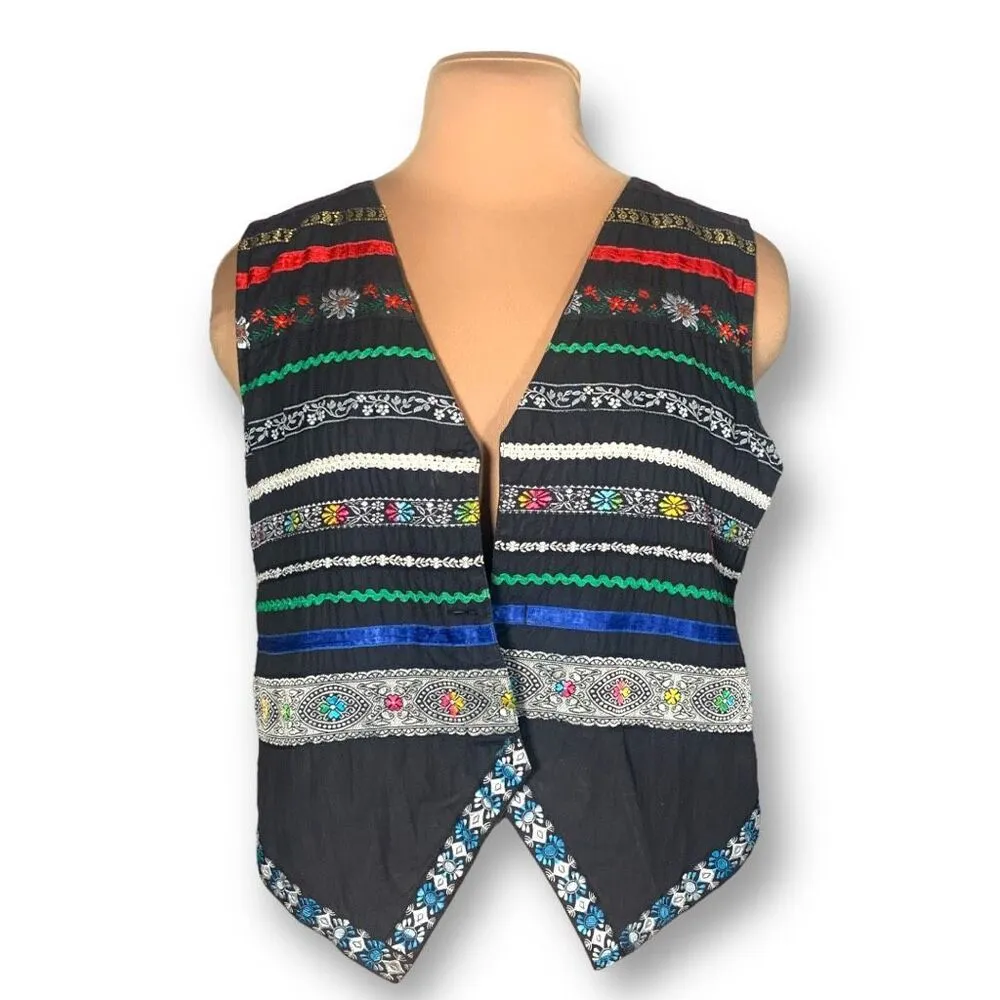 Vintage 90s Embroidered Folk Art Vest Black Colorful Vneck Waistcoat Large - Image 12