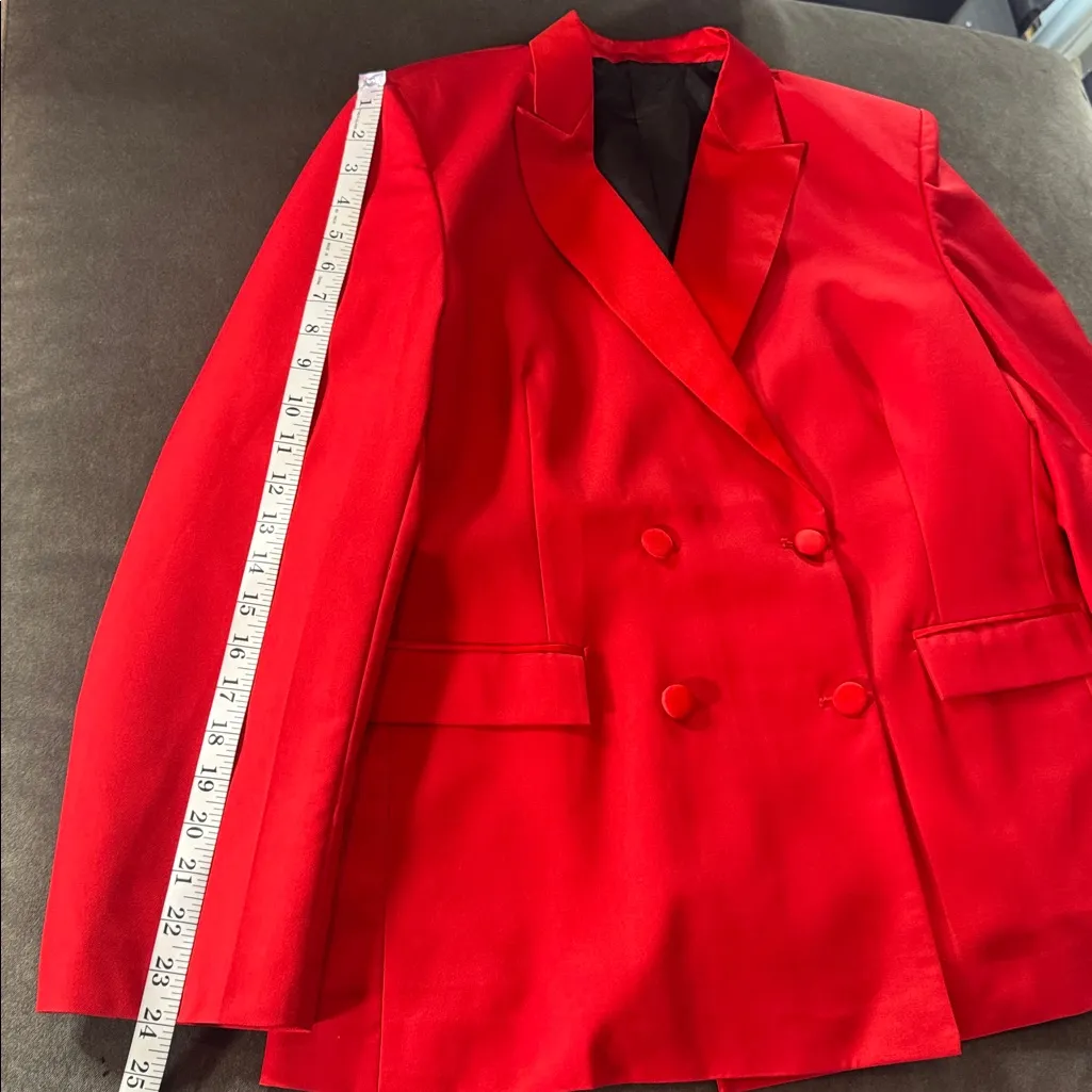 Women’s Red 2 Piece Formal Tuxedo Suit Satin Peak Lapel Dbl Breasted L **READ Size L - Image 7