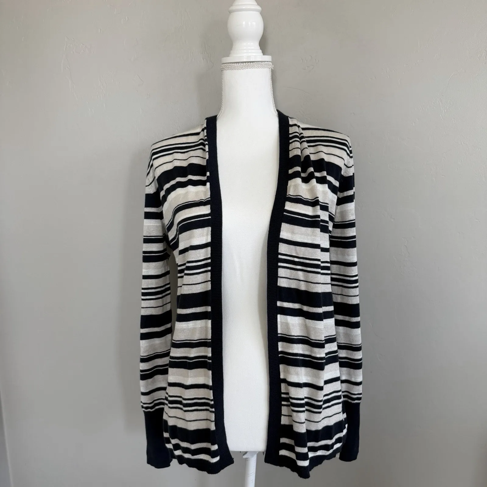 NWT Banana Republic Linen Cotton Blend Stripe Open Front Cardigan Sz M Tan Black - Image 7