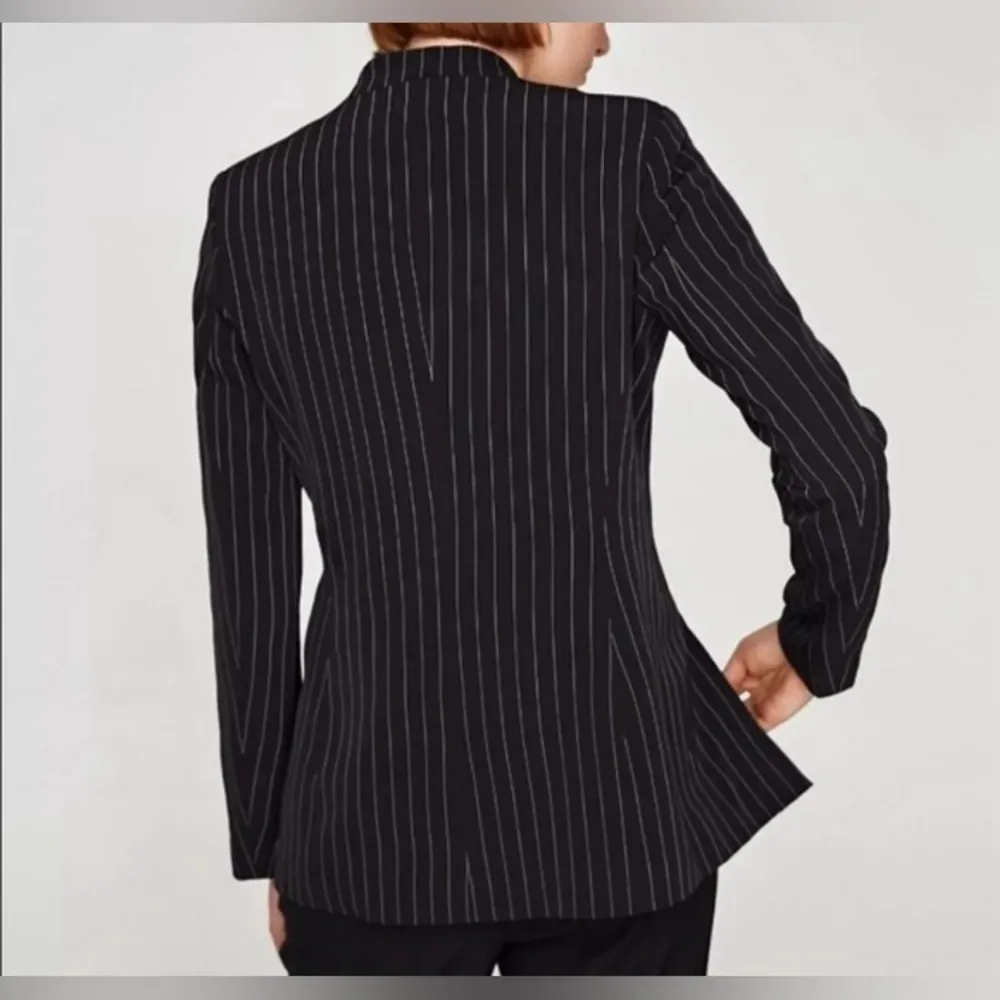 ZARA Pinstripe Blazer Black Double Breasted Gold Buttons Tailored Old Money - Image 3