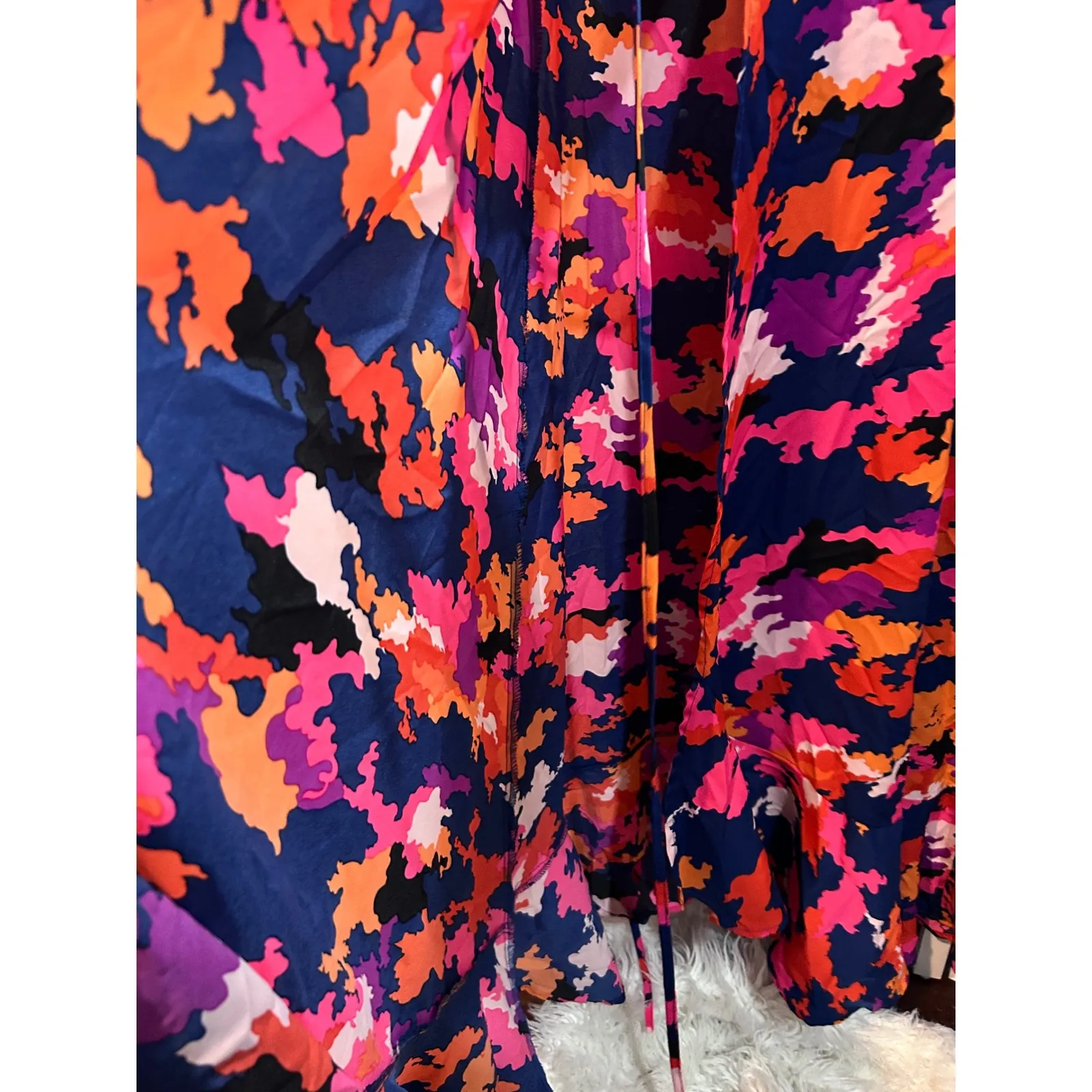 Prettygarden Abstract Print Midi Wrap Dress Short Sleeve Navy Pink Orange Size S - Image 5