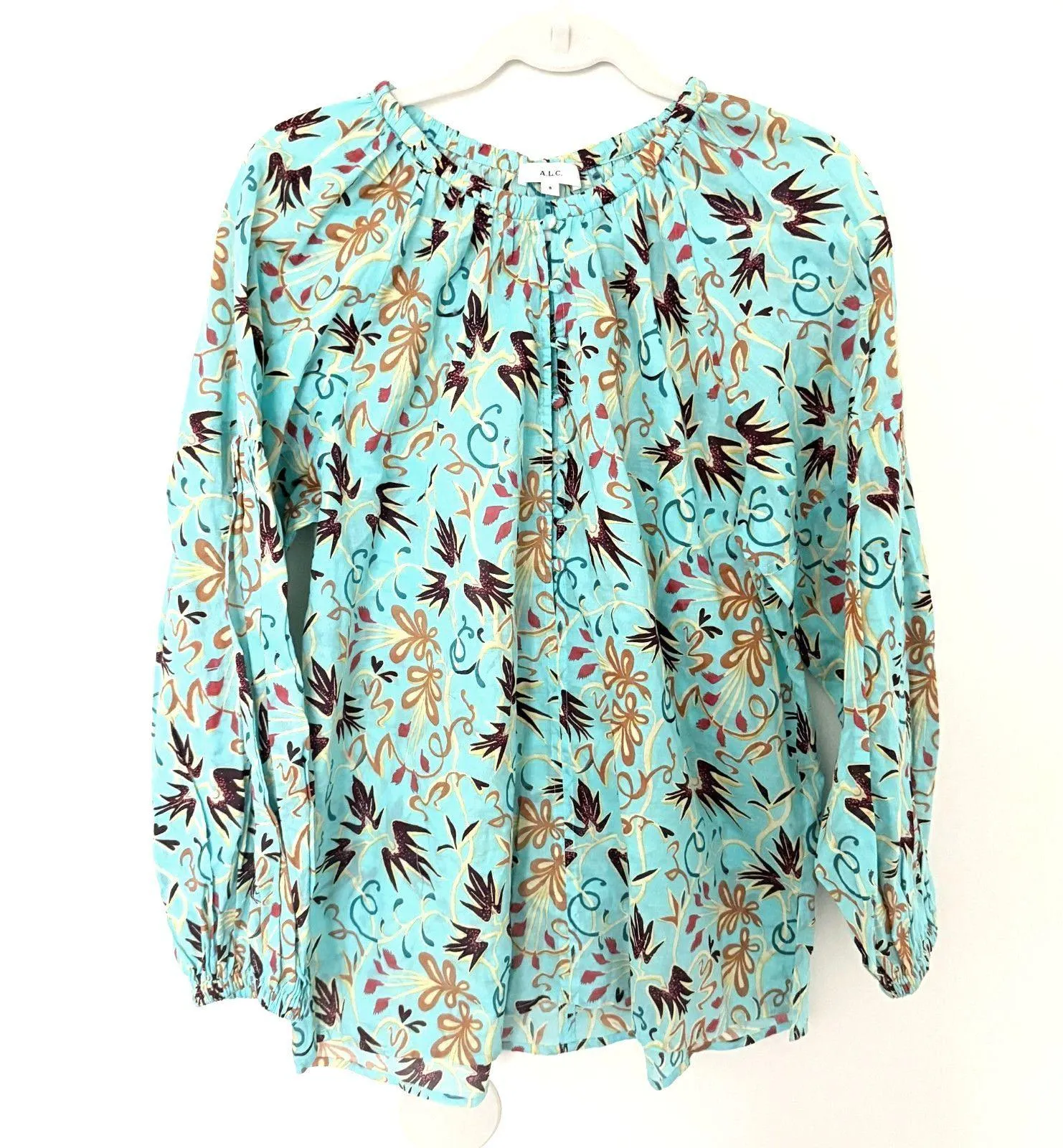 NWOT ALC Capri Grotto Green Floral Cotton Blouse Long Sleeve Boho Romantic Top 8 - Image 2
