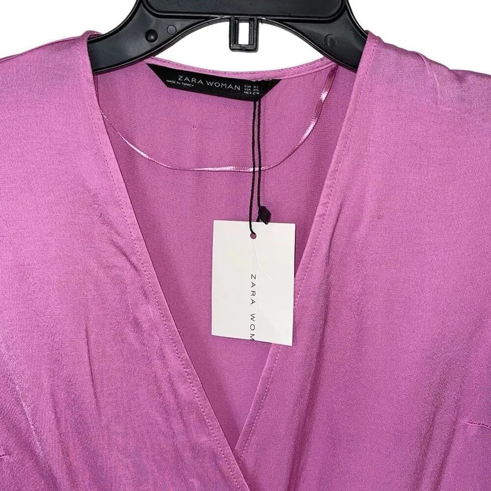 Zara Satin V-Neck Bell Short Sleeve‎ Snap Front Wrap Blouse Pink Size XS NWT - Image 3