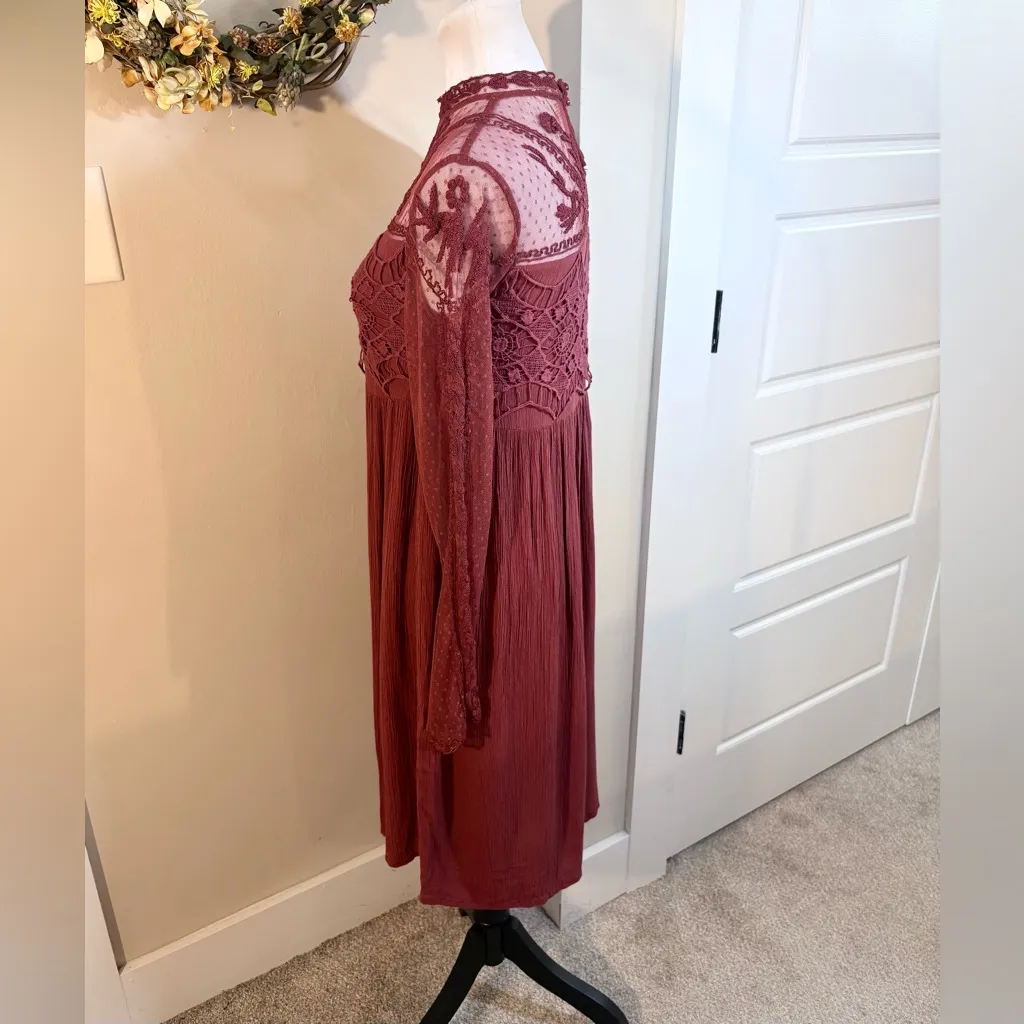 Sundance Burgundy High Neck Lace Yoke Boho Dress Long Sleeve Sz 8 🧡 Red - Image 7